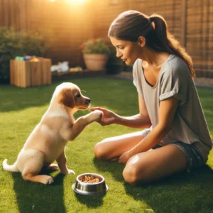 A playful scene with a new puppy learning to sit on command during a training session in a grassy backyard, symbolizing the start of effective puppy training.