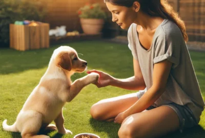 A playful scene with a new puppy learning to sit on command during a training session in a grassy backyard, symbolizing the start of effective puppy training.