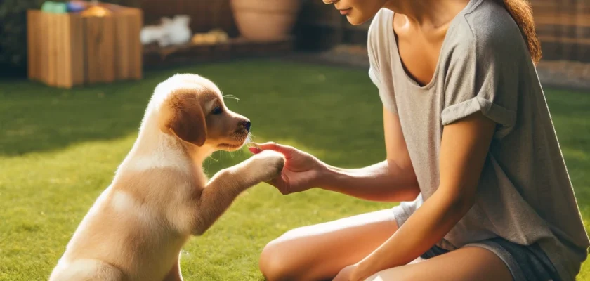 A playful scene with a new puppy learning to sit on command during a training session in a grassy backyard, symbolizing the start of effective puppy training.